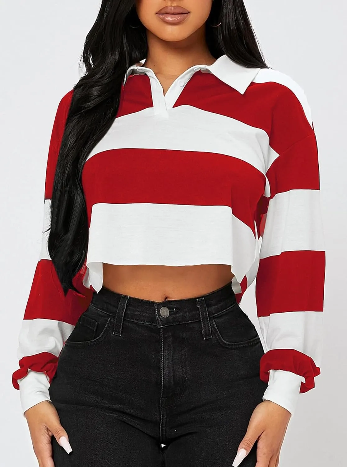 LovelyWholesale Women Striped Cropped Sweatshirts Polo Collar Tops