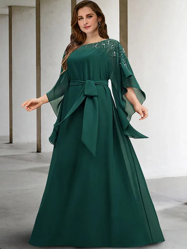 Luolandi A-Line Plus Size Curve Mother of the Bride Dresses Elegant Dress Formal Floor Length Half Sleeve Jewel Neck Chiffon with Beading