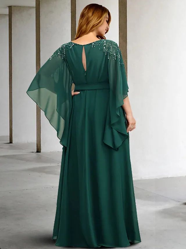Luolandi A-Line Plus Size Curve Mother of the Bride Dresses Elegant Dress Formal Floor Length Half Sleeve Jewel Neck Chiffon with Beading