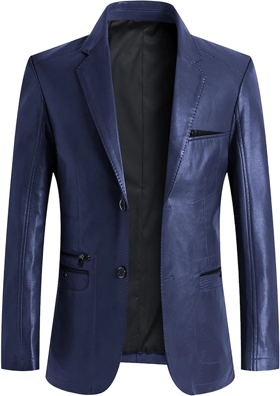 Maiyifu-GJ Leather Blazer for Men Classic Faux Leather Business Sport Coat Notched Collar One Button Slim Moto Suits Jacket