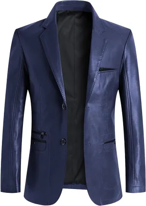 Maiyifu-GJ Leather Blazer for Men Classic Faux Leather Business Sport Coat Notched Collar One Button Slim Moto Suits Jacket