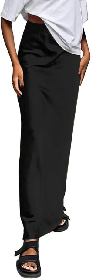 Maxi Skirts for Women Satin Bodycon Pencil Skirt Tummy Control High Waisted Long Skirts Trendy Casual Skirt for Party Club