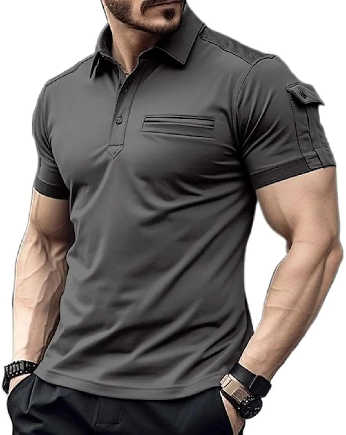 Men V Neck Stylish Short Sleeve Polo Shirt Button Sports T-Shirt with Pocket    B717430