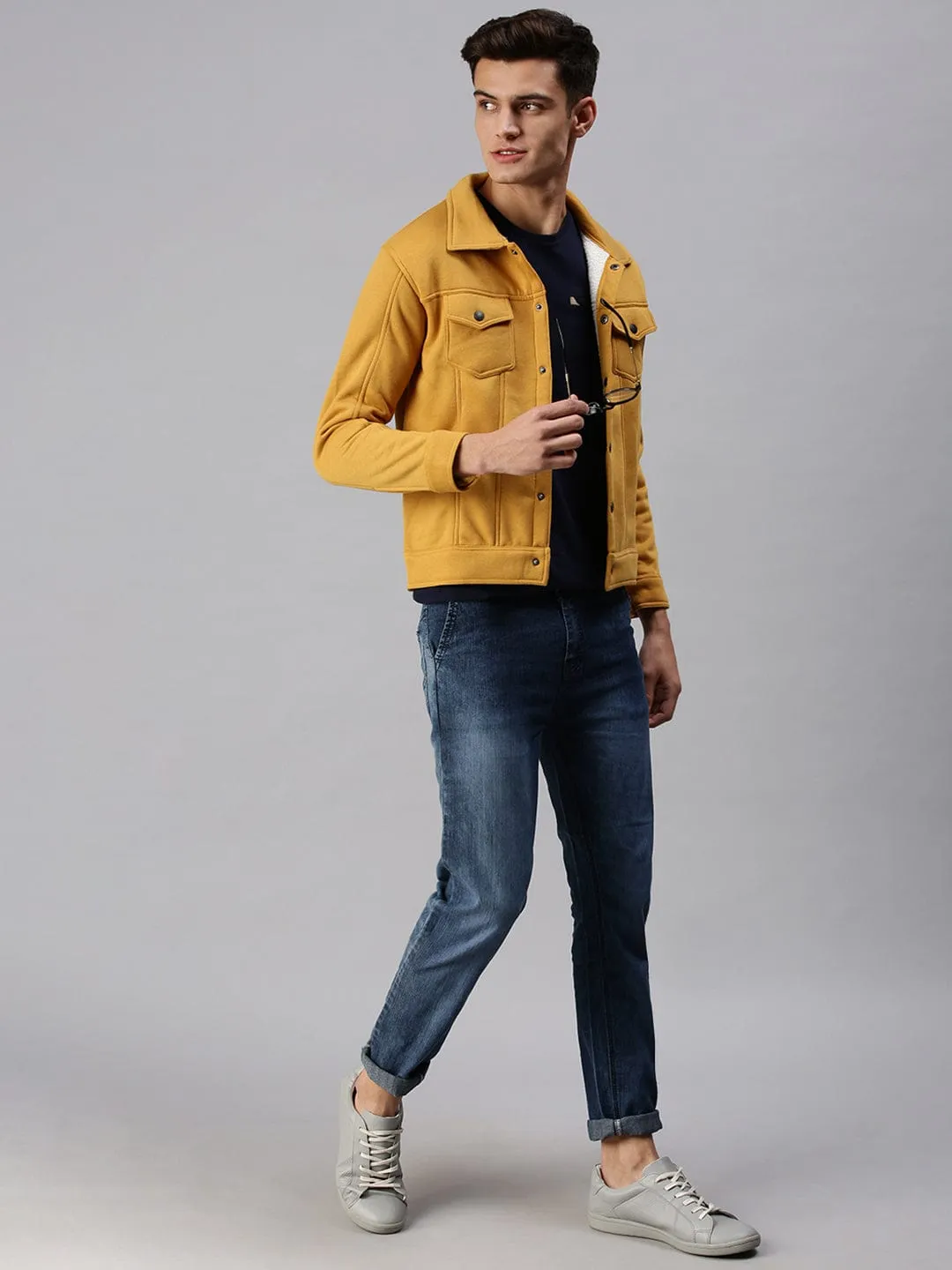 Men Yellow Front Open Sweatshirt