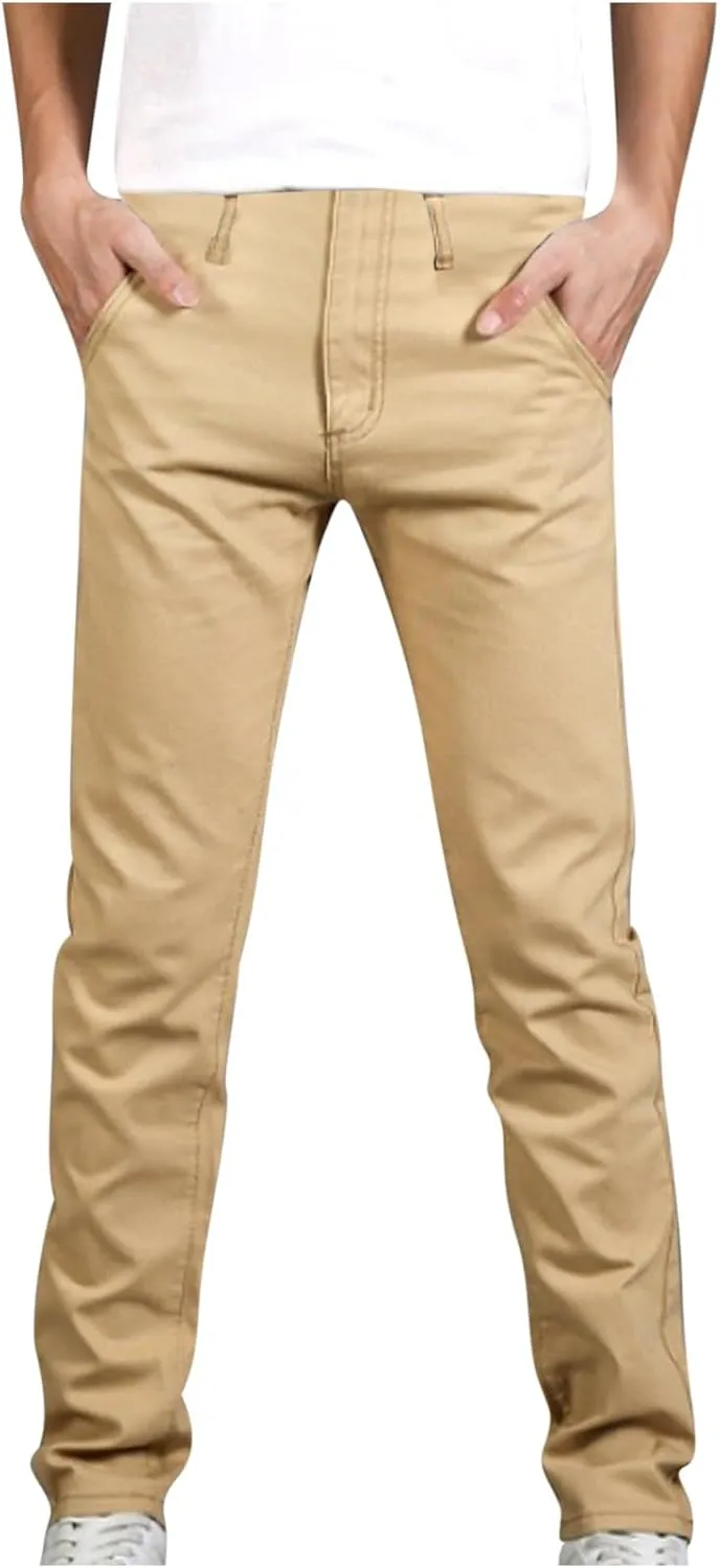 Men's Basic Skinny Pants Slim Fit Stretch Straight Leg Fashion Pants Classic Solid Color Cotton Trousers