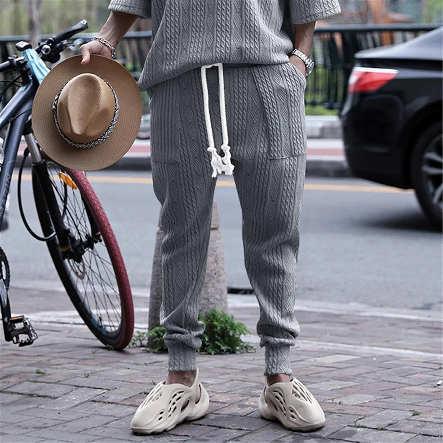 Mens Casual Chino Knitted Pants Elasticated Waist Drawstring Lightweight Sweatpants Loose Fashion Jogging Trousers
