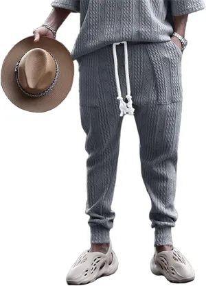 Mens Casual Chino Knitted Pants Elasticated Waist Drawstring Lightweight Sweatpants Loose Fashion Jogging Trousers