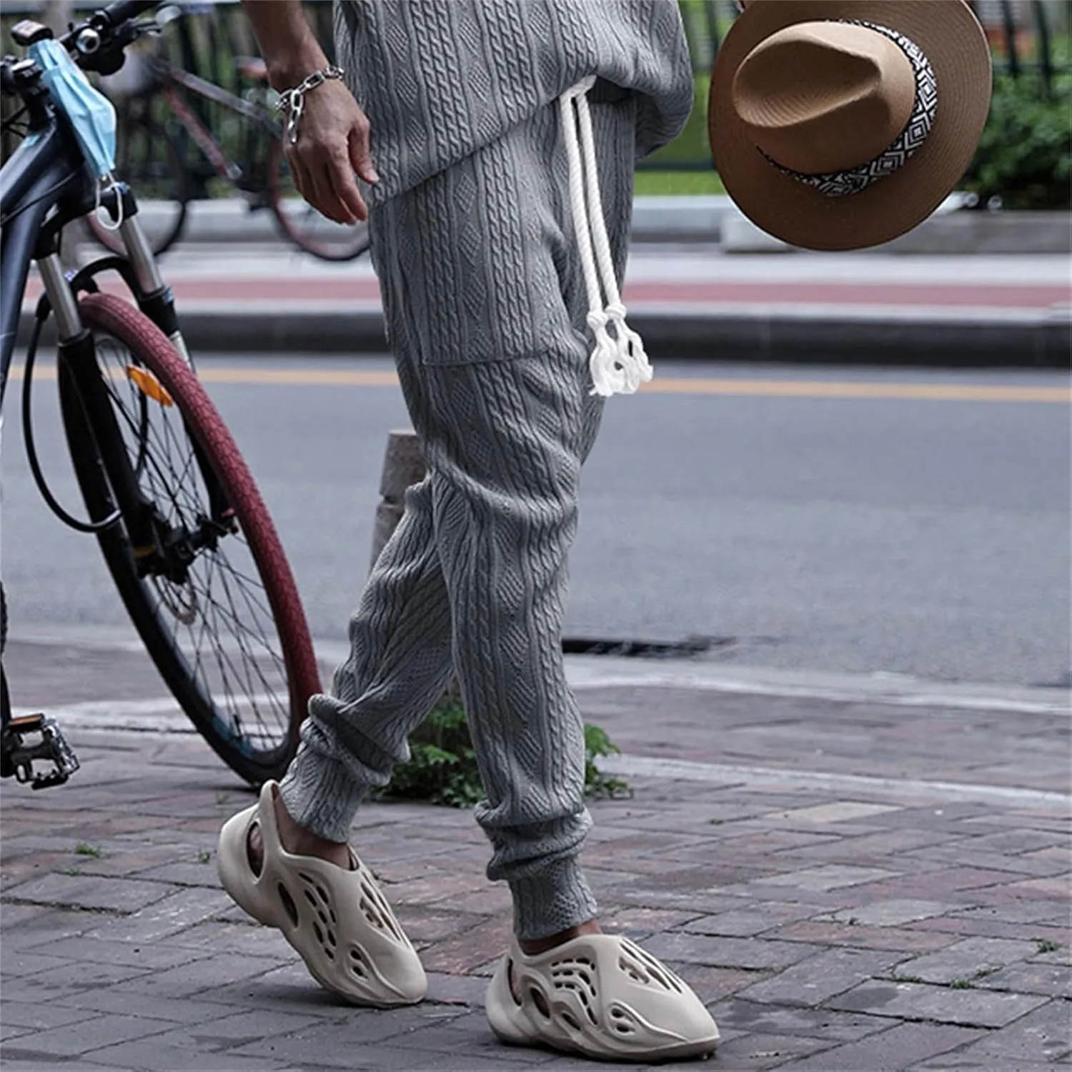 Mens Casual Chino Knitted Pants Elasticated Waist Drawstring Lightweight Sweatpants Loose Fashion Jogging Trousers