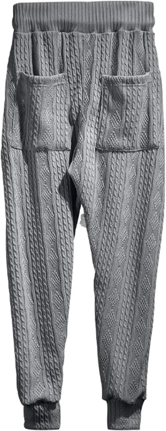 Mens Casual Chino Knitted Pants Elasticated Waist Drawstring Lightweight Sweatpants Loose Fashion Jogging Trousers