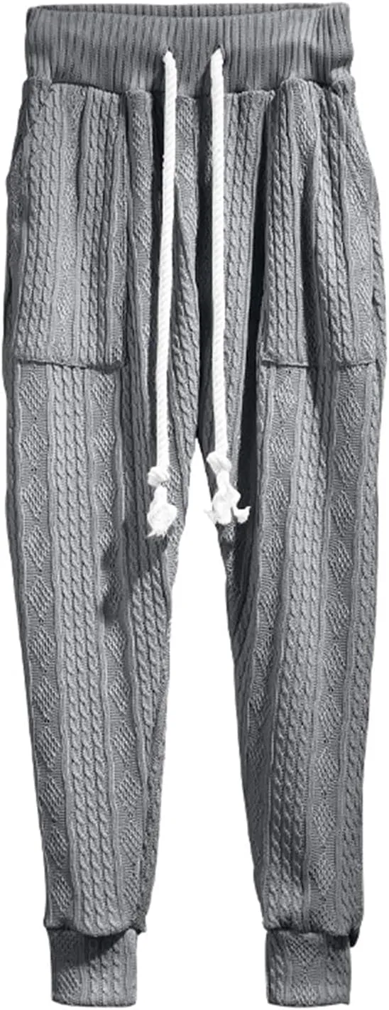 Mens Casual Chino Knitted Pants Elasticated Waist Drawstring Lightweight Sweatpants Loose Fashion Jogging Trousers