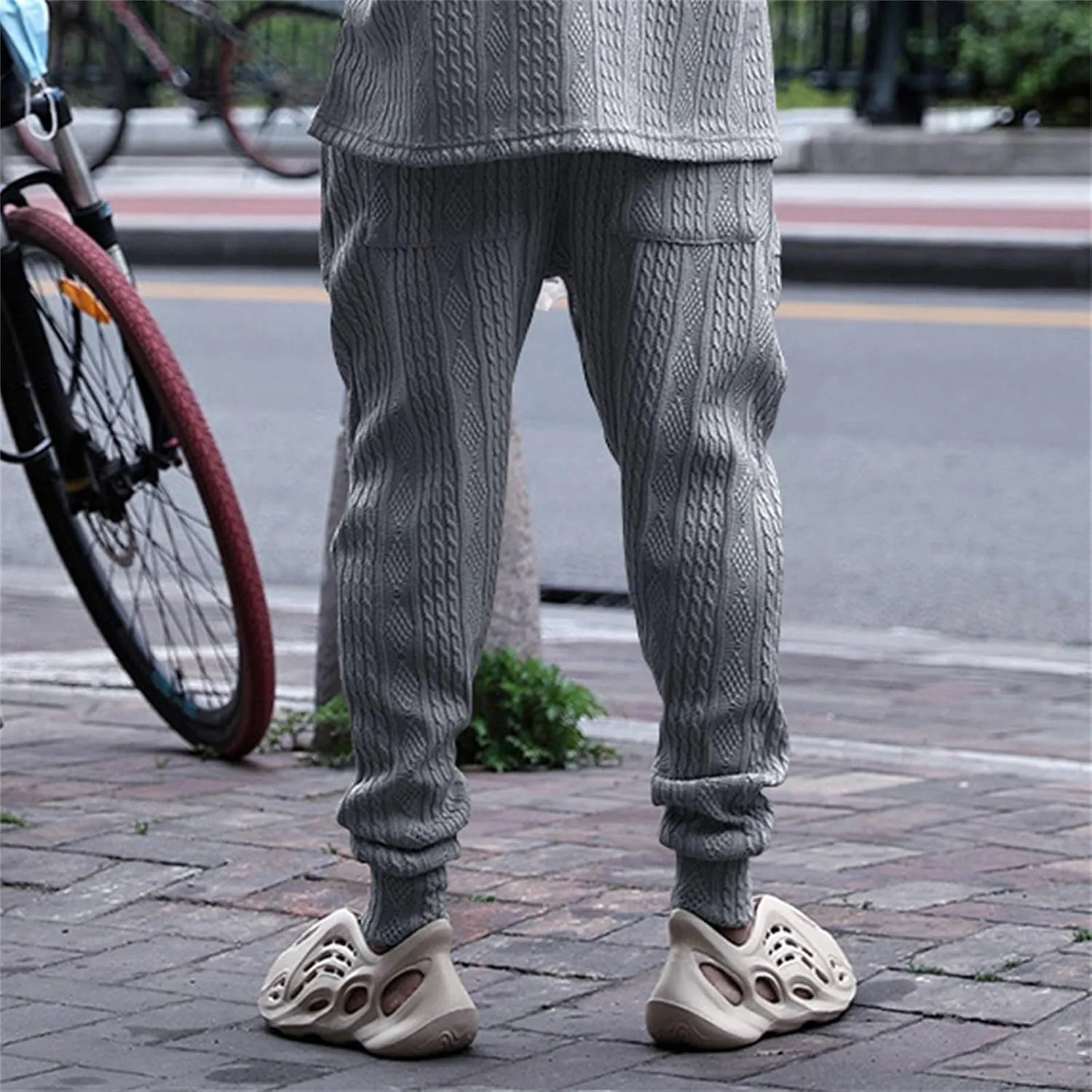 Mens Casual Chino Knitted Pants Elasticated Waist Drawstring Lightweight Sweatpants Loose Fashion Jogging Trousers