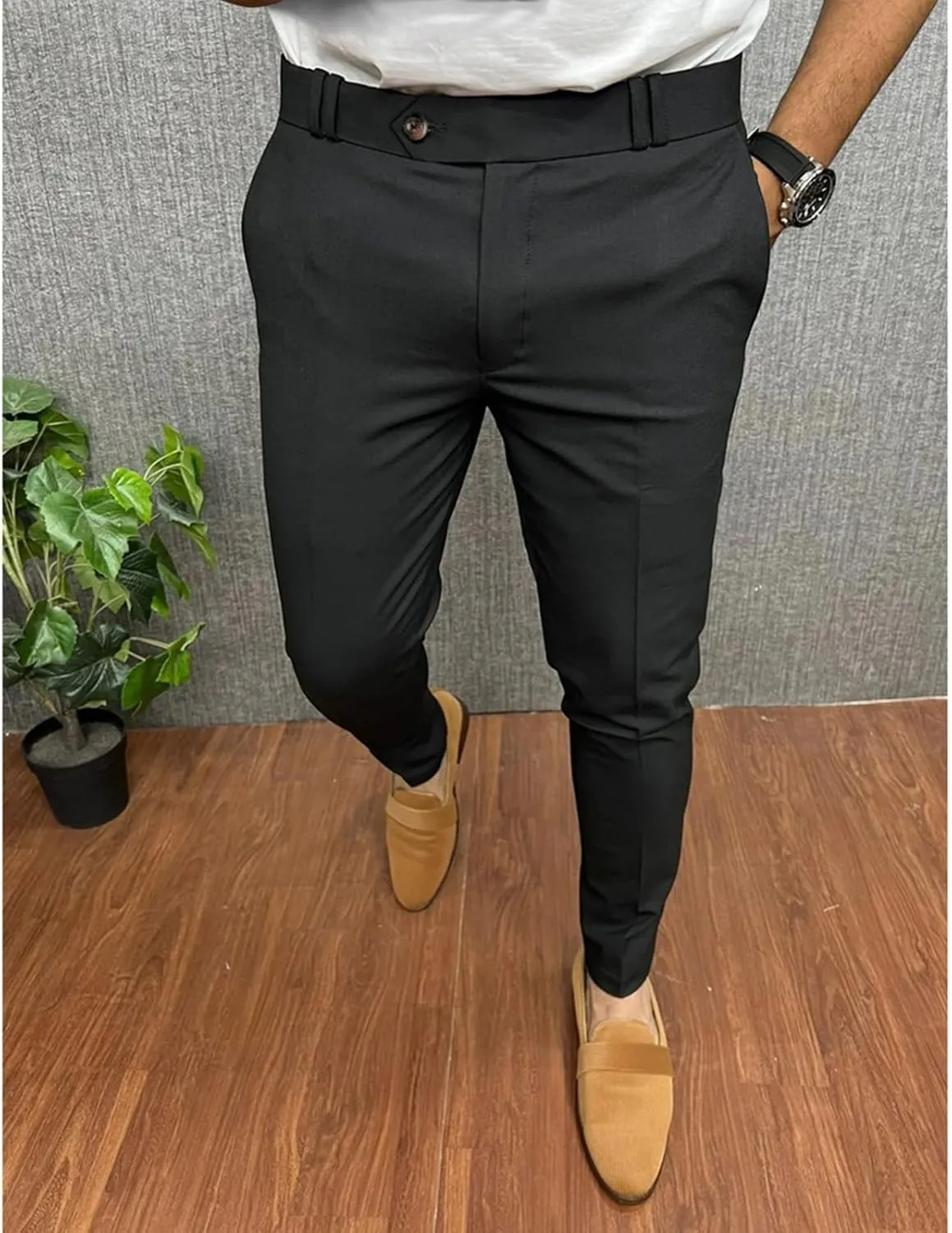 Mens Classic Stretch Flat Front Dress Pants Slim Fit Lightweigh Business Suit Trousers Daliy Streetwear with Pockets