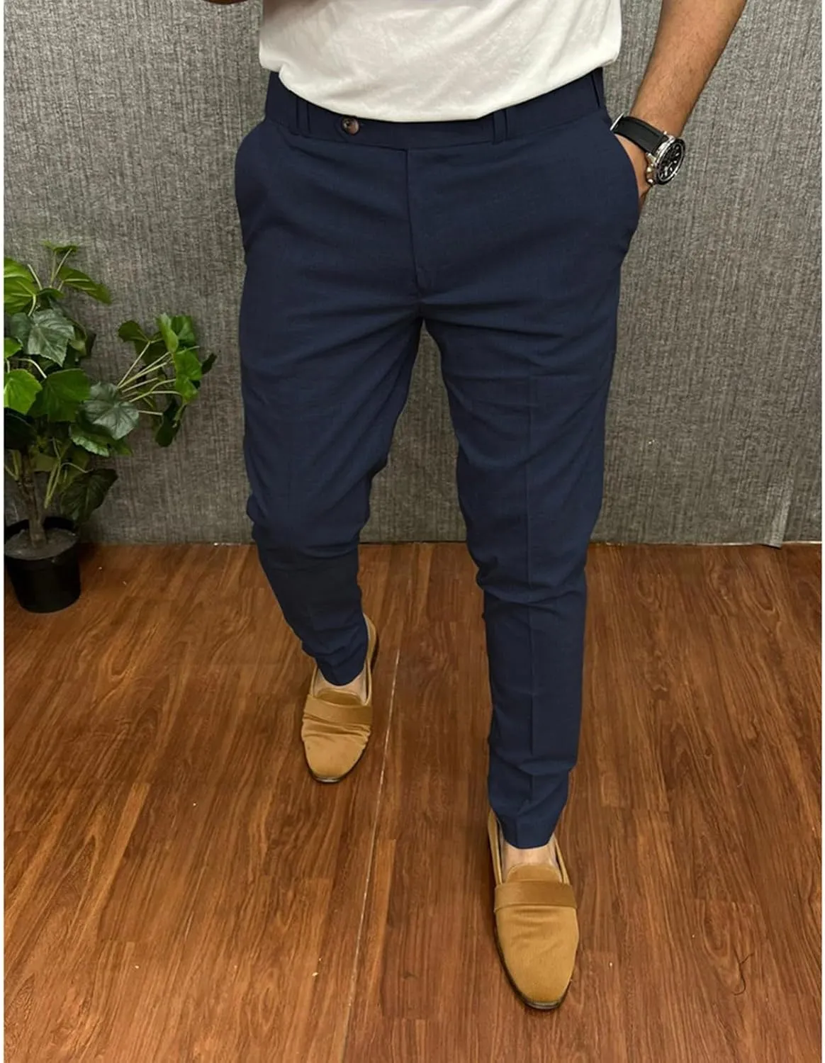 Mens Classic Stretch Flat Front Dress Pants Slim Fit Lightweigh Business Suit Trousers Daliy Streetwear with Pockets