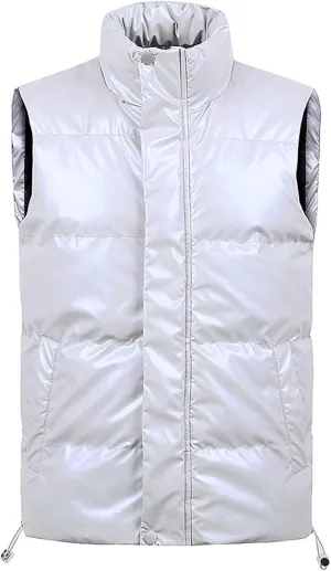 Men's Shiny Metallic Padded Vest Full Zip Winter Warm Sleeveless Puffer Jacket Casual Thick Outdoor Quilted Vest with Pockets