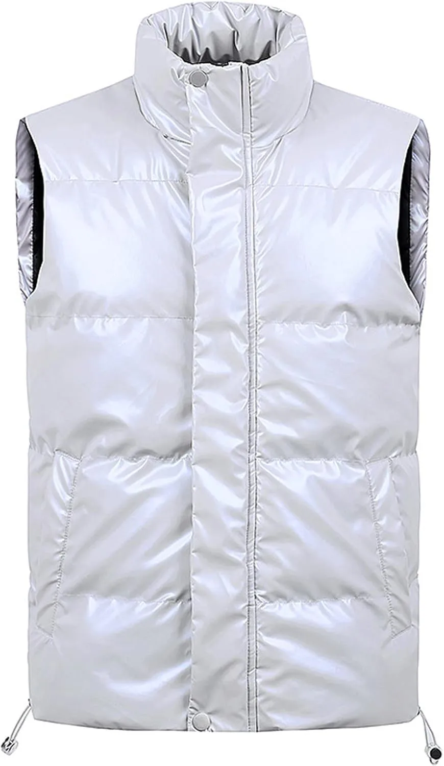Men's Shiny Metallic Padded Vest Full Zip Winter Warm Sleeveless Puffer Jacket Casual Thick Outdoor Quilted Vest with Pockets