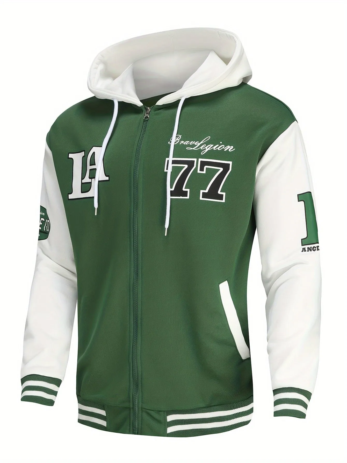 Men's Stylish Color Matching LA Pattern Jacket With Pockets, Casual Breathable Zip Up Long Sleeve Hooded Jacket For Spring Fall