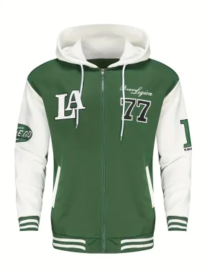 Men's Stylish Color Matching LA Pattern Jacket With Pockets, Casual Breathable Zip Up Long Sleeve Hooded Jacket For Spring Fall