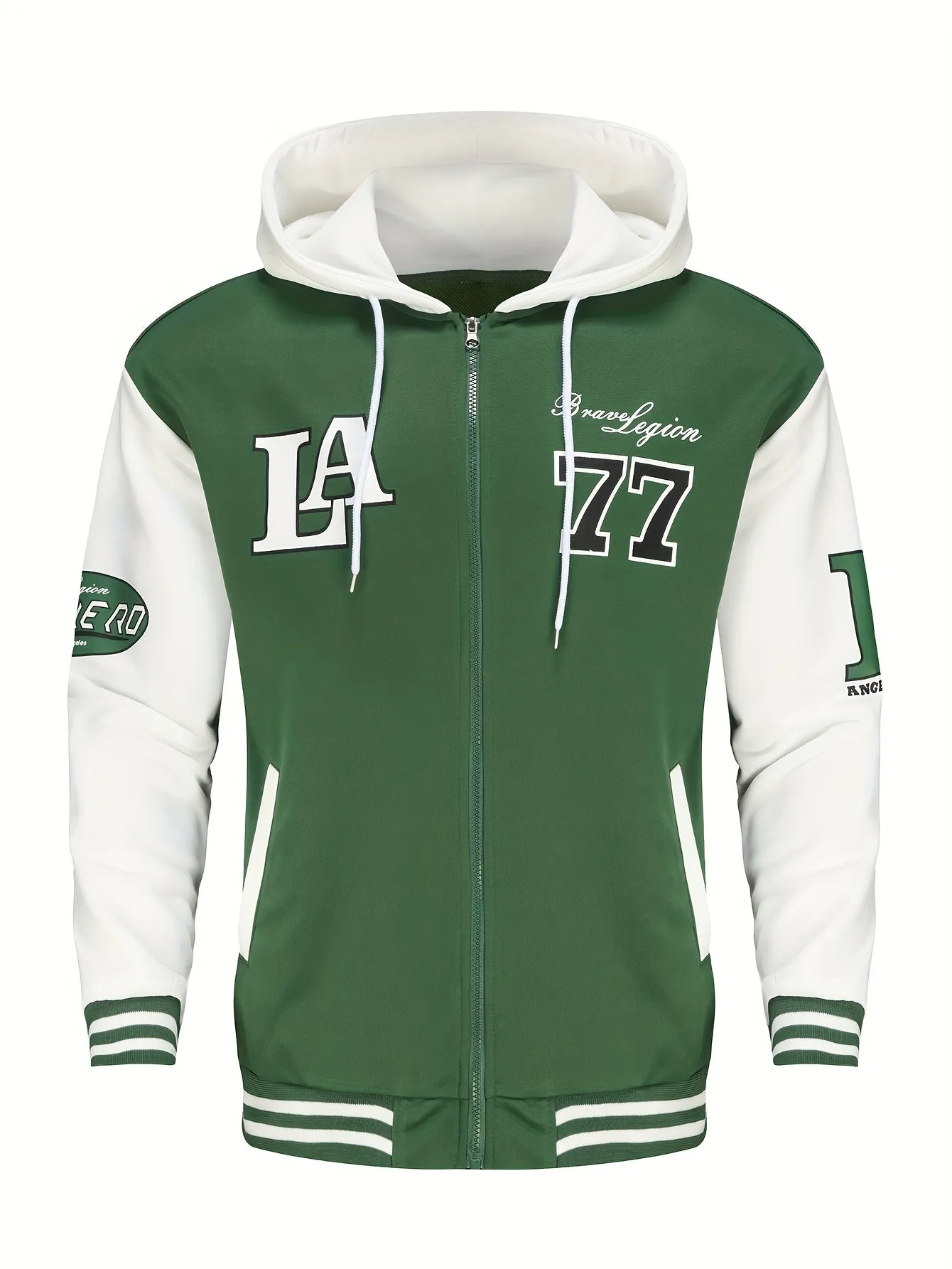 Men's Stylish Color Matching LA Pattern Jacket With Pockets, Casual Breathable Zip Up Long Sleeve Hooded Jacket For Spring Fall