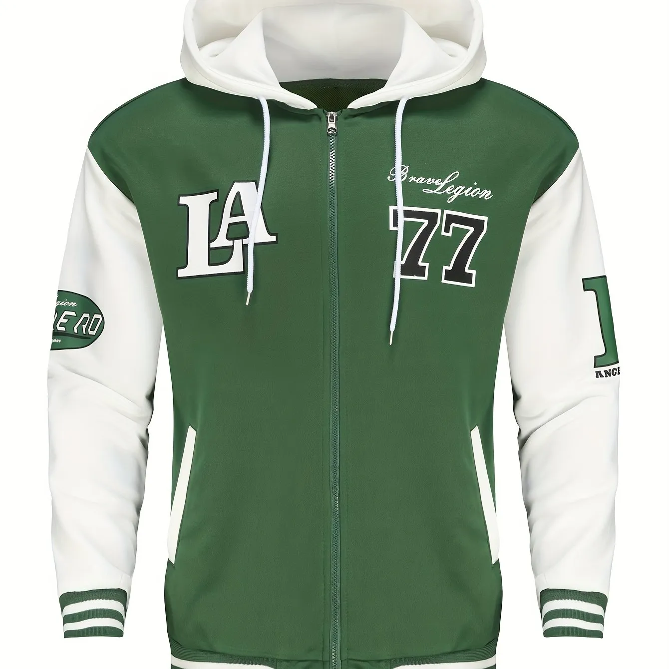 Men's Stylish Color Matching LA Pattern Jacket With Pockets, Casual Breathable Zip Up Long Sleeve Hooded Jacket For Spring Fall
