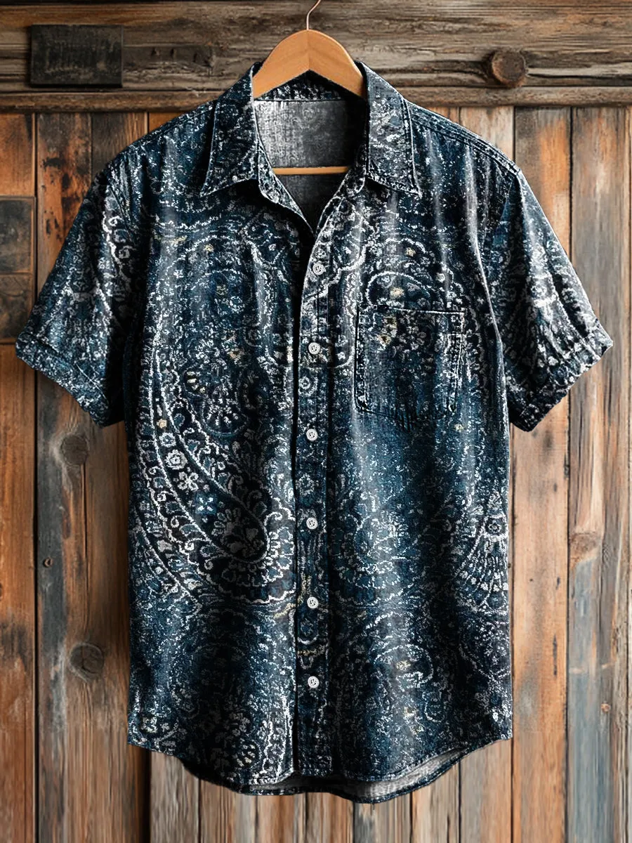 Men's Vintage Symmetrical Floral Art Print Lapel Short Sleeve Pocket Shirt