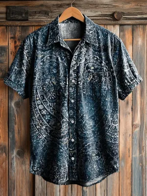 Men's Vintage Symmetrical Floral Art Print Lapel Short Sleeve Pocket Shirt