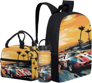 Merkmak Boys Car Backpack 3 Pcs Set for 1St 2Nd Kids Cool Bookbag Lightweight School Bag for Elementary Children Book Bags with Lunch Box Sets for Child 17 Inch Daypack