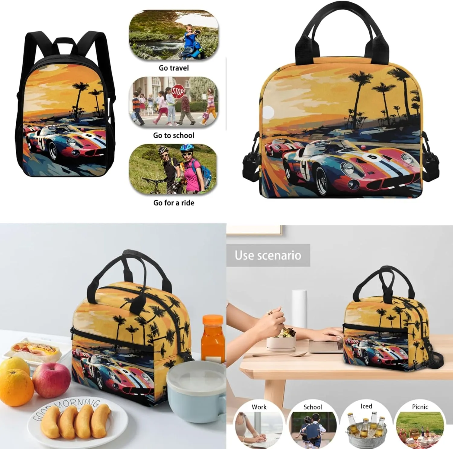Merkmak Boys Car Backpack 3 Pcs Set for 1St 2Nd Kids Cool Bookbag Lightweight School Bag for Elementary Children Book Bags with Lunch Box Sets for Child 17 Inch Daypack