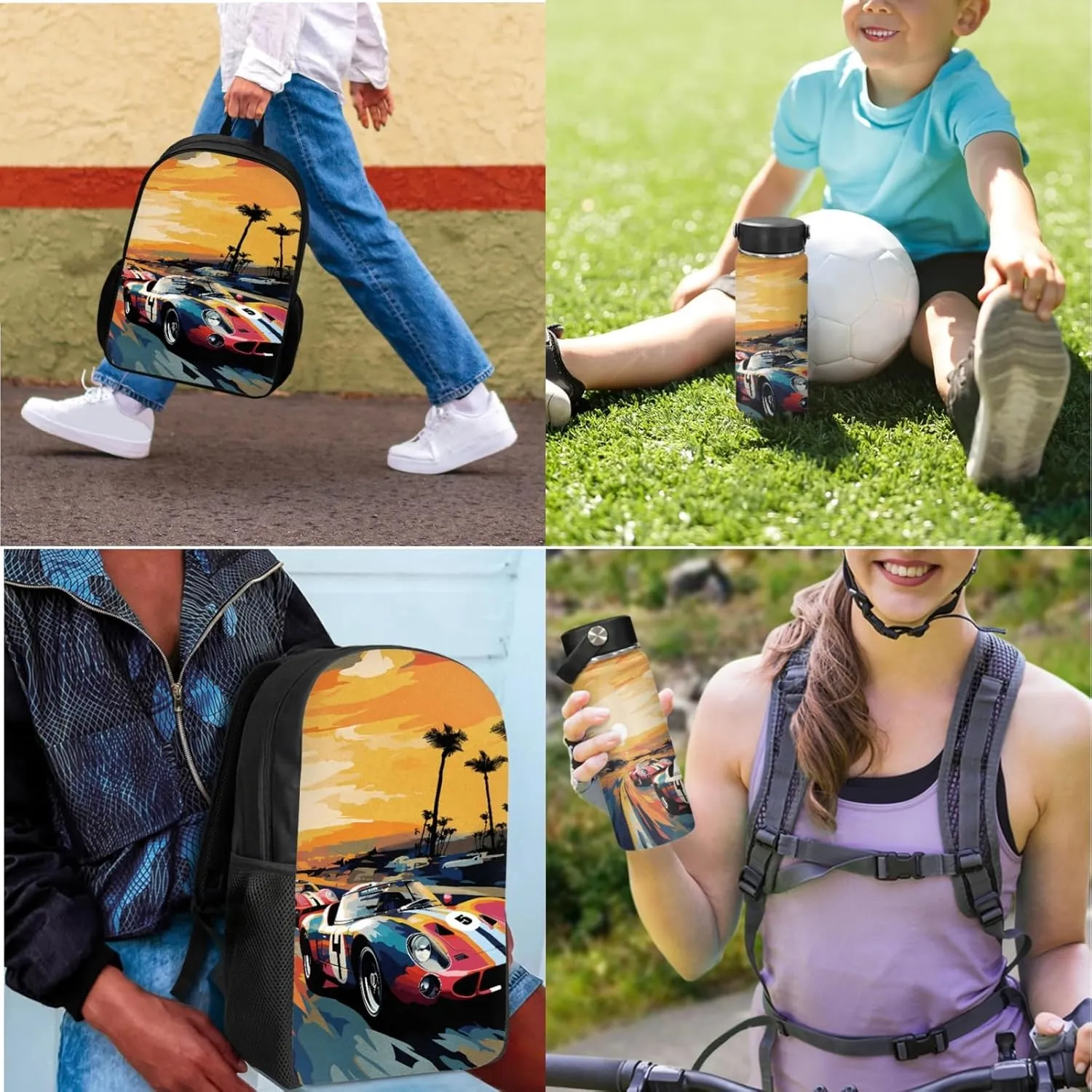 Merkmak Boys Car Backpack 3 Pcs Set for 1St 2Nd Kids Cool Bookbag Lightweight School Bag for Elementary Children Book Bags with Lunch Box Sets for Child 17 Inch Daypack