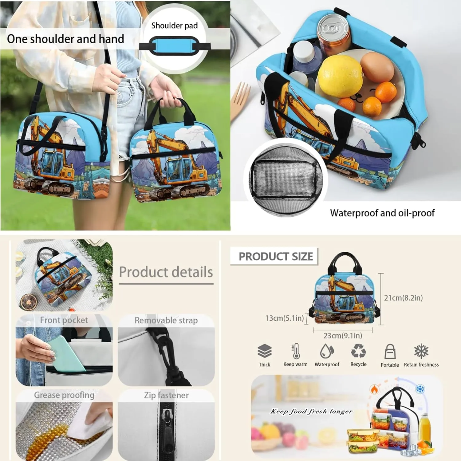 Merkmak Excavator Boys Backpack with Lunxh Box Water Bottle for 3-7 Years Kids School Bag for Elementary Children 17 Inch Bookbag 3 Pcs Set for Child School Supplies