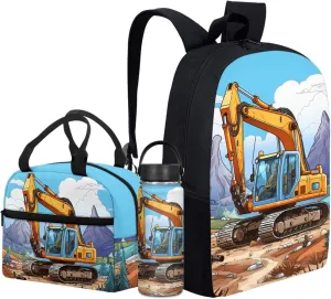 Merkmak Excavator Boys Backpack with Lunxh Box Water Bottle for 3-7 Years Kids School Bag for Elementary Children 17 Inch Bookbag 3 Pcs Set for Child School Supplies