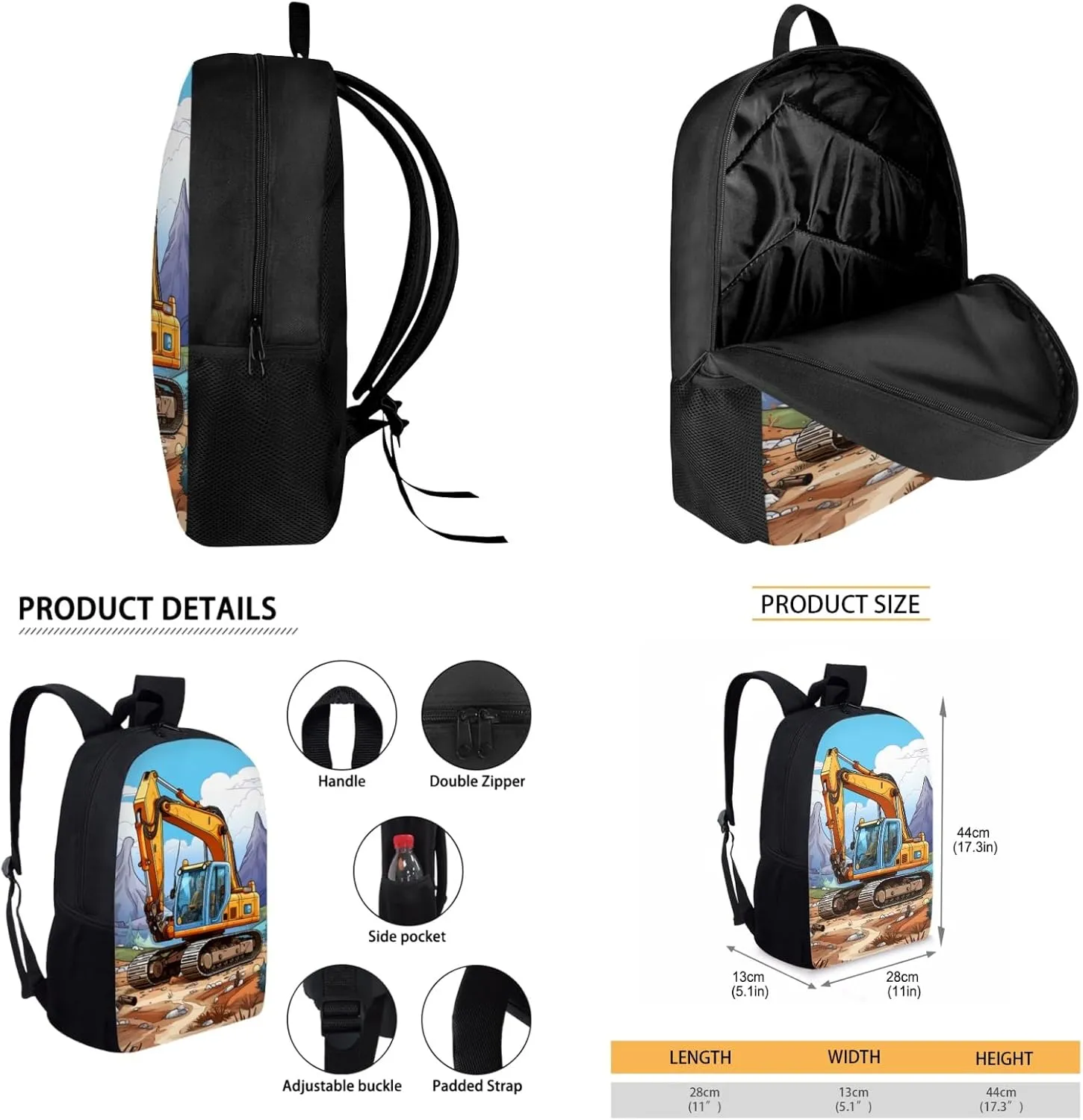 Merkmak Excavator Boys Backpack with Lunxh Box Water Bottle for 3-7 Years Kids School Bag for Elementary Children 17 Inch Bookbag 3 Pcs Set for Child School Supplies