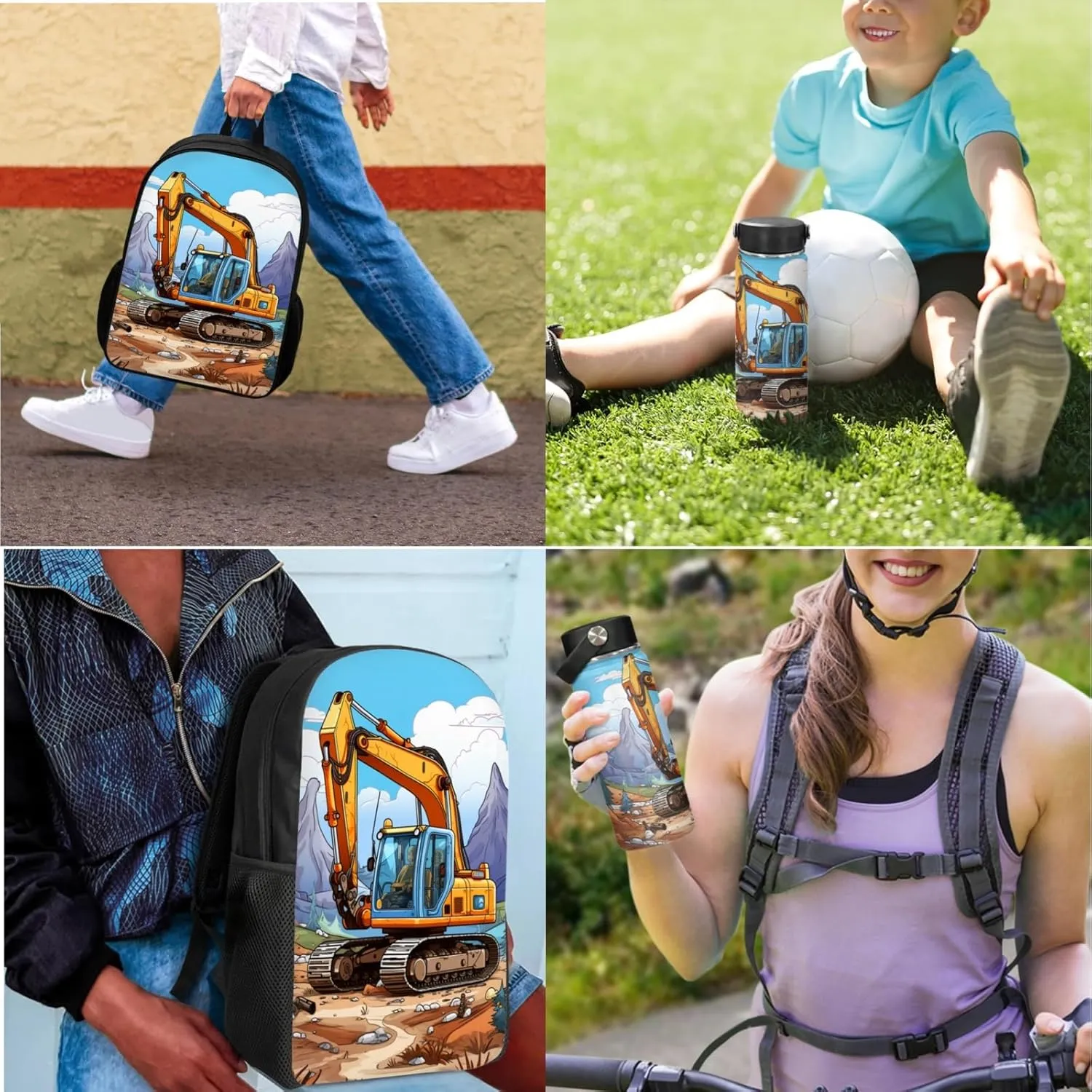 Merkmak Excavator Boys Backpack with Lunxh Box Water Bottle for 3-7 Years Kids School Bag for Elementary Children 17 Inch Bookbag 3 Pcs Set for Child School Supplies