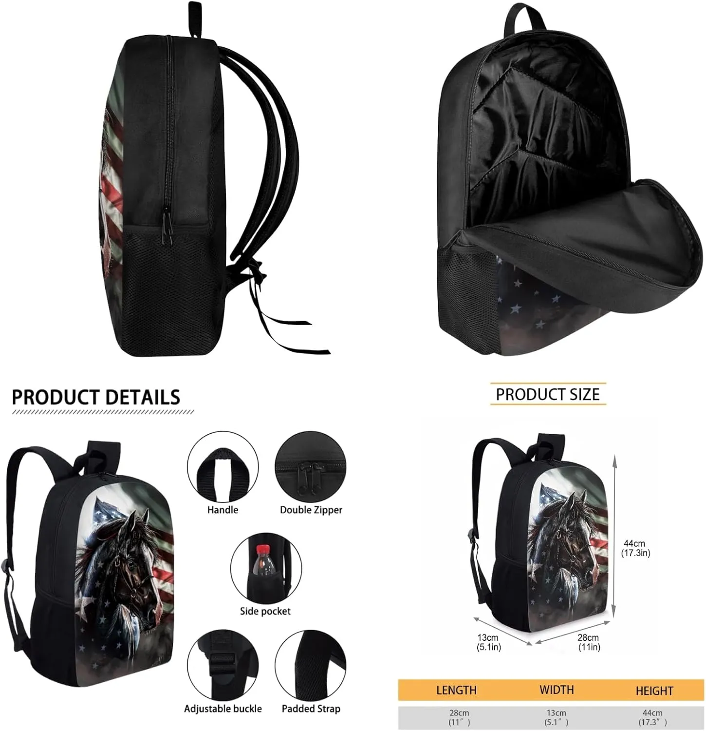 Merkmak Horse Backpack 3 Pcs Set for Boys American Flag Bookbag,Patriotic School Bag for Elementary Kids 17 Inch Book Bags with Water Bottle for Children Large Daypack for Girls