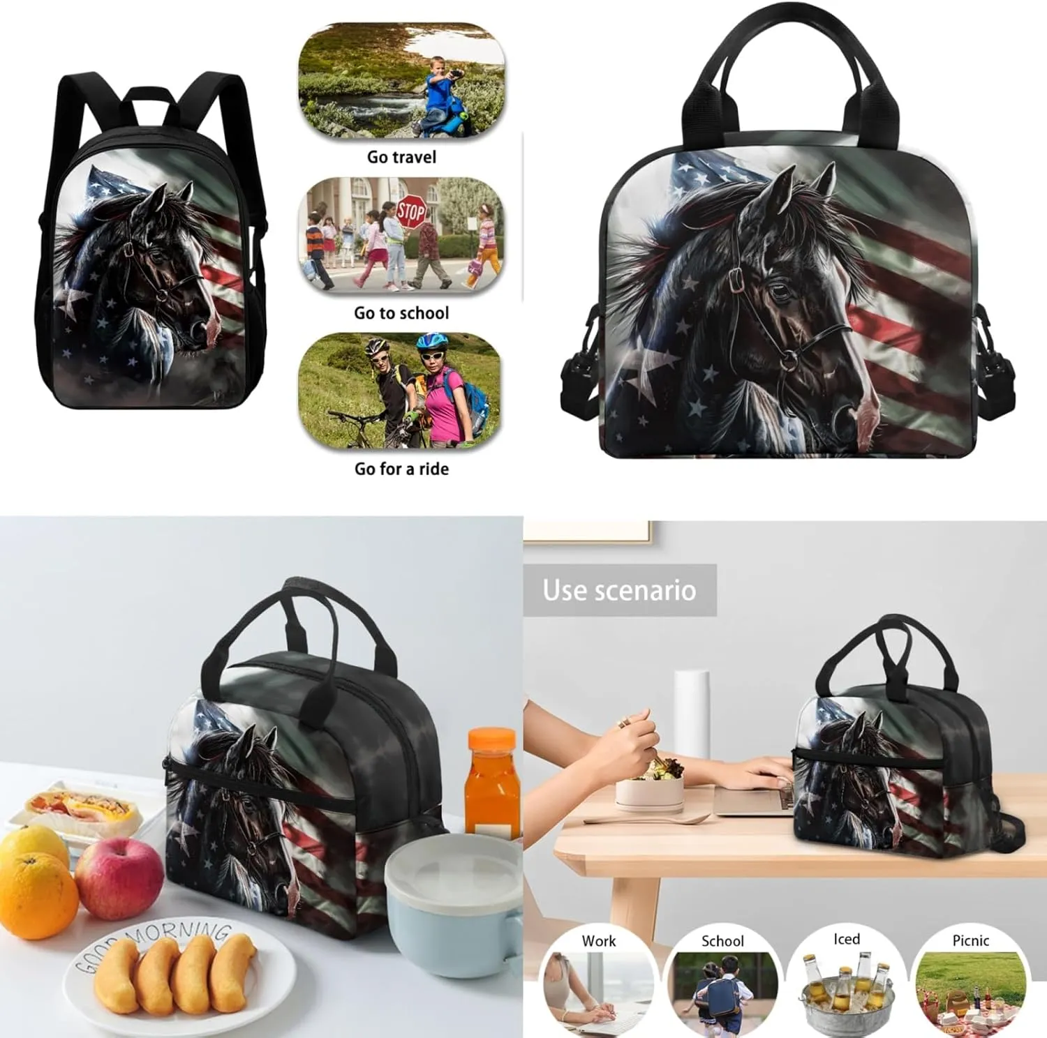Merkmak Horse Backpack 3 Pcs Set for Boys American Flag Bookbag,Patriotic School Bag for Elementary Kids 17 Inch Book Bags with Water Bottle for Children Large Daypack for Girls
