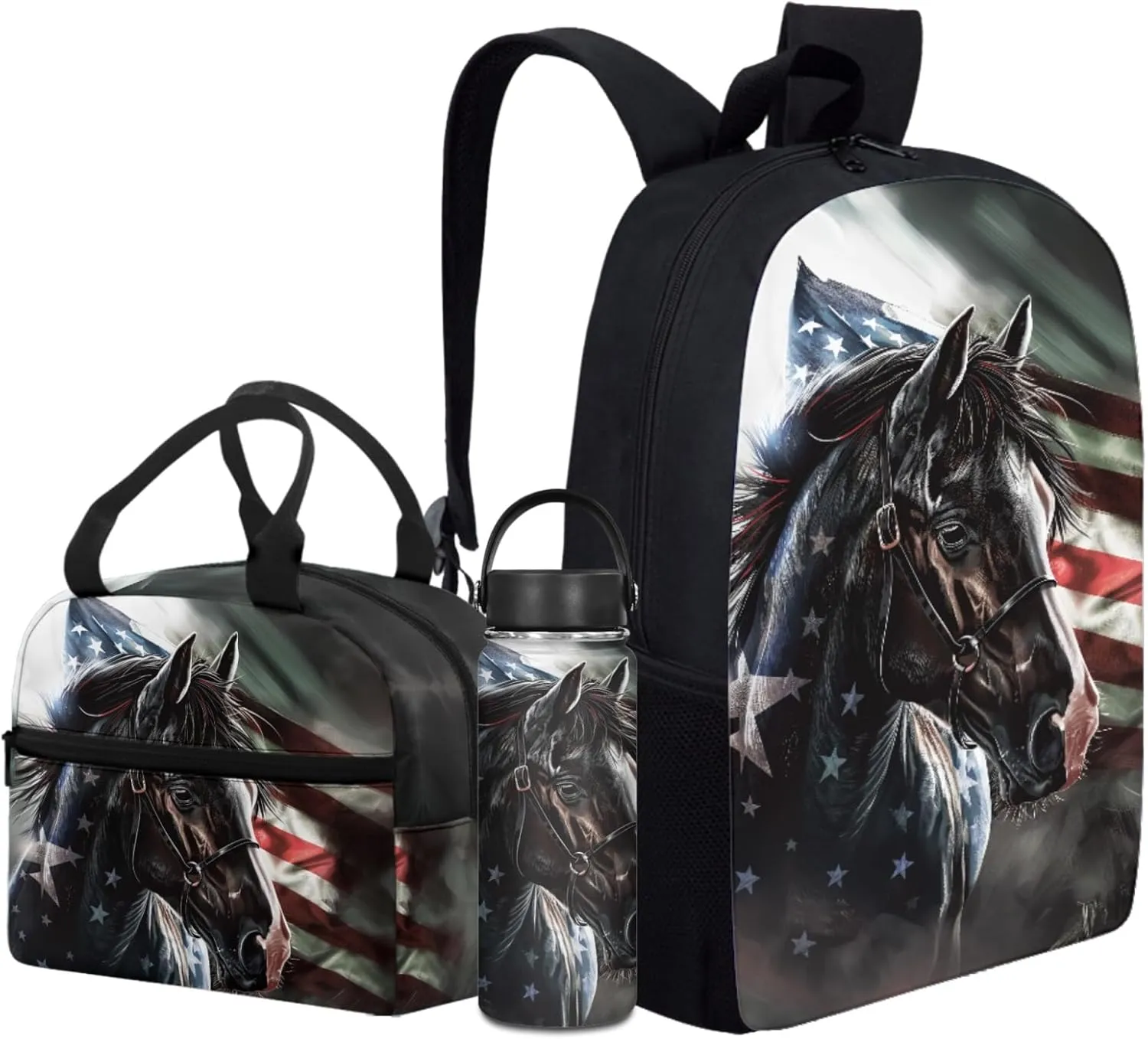 Merkmak Horse Backpack 3 Pcs Set for Boys American Flag Bookbag,Patriotic School Bag for Elementary Kids 17 Inch Book Bags with Water Bottle for Children Large Daypack for Girls
