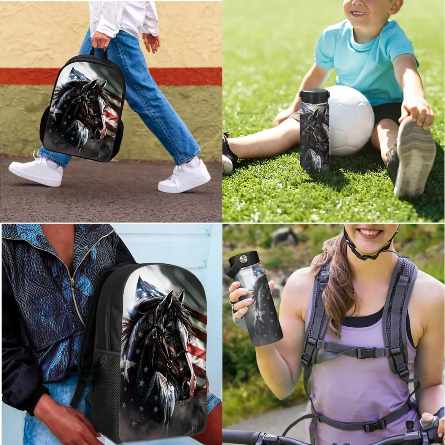 Merkmak Horse Backpack 3 Pcs Set for Boys American Flag Bookbag,Patriotic School Bag for Elementary Kids 17 Inch Book Bags with Water Bottle for Children Large Daypack for Girls