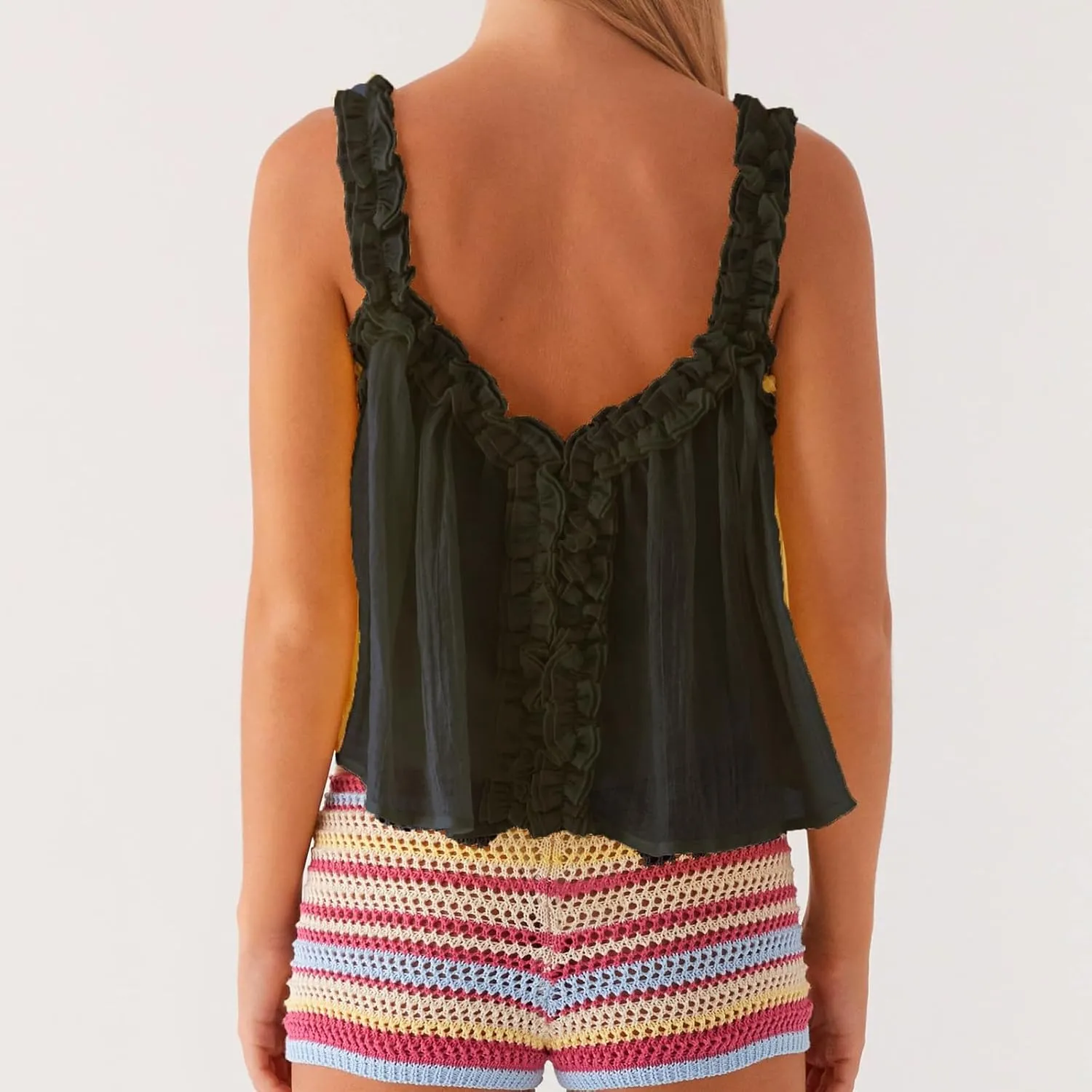 Mesh Tank Top Y2k Women Low Square Neck Sleeveless Sheer Crop Camisole Sexy Lace Ruffle Ruched Going Out Cami Shirt