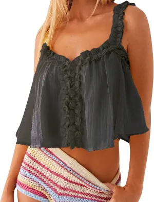 Mesh Tank Top Y2k Women Low Square Neck Sleeveless Sheer Crop Camisole Sexy Lace Ruffle Ruched Going Out Cami Shirt