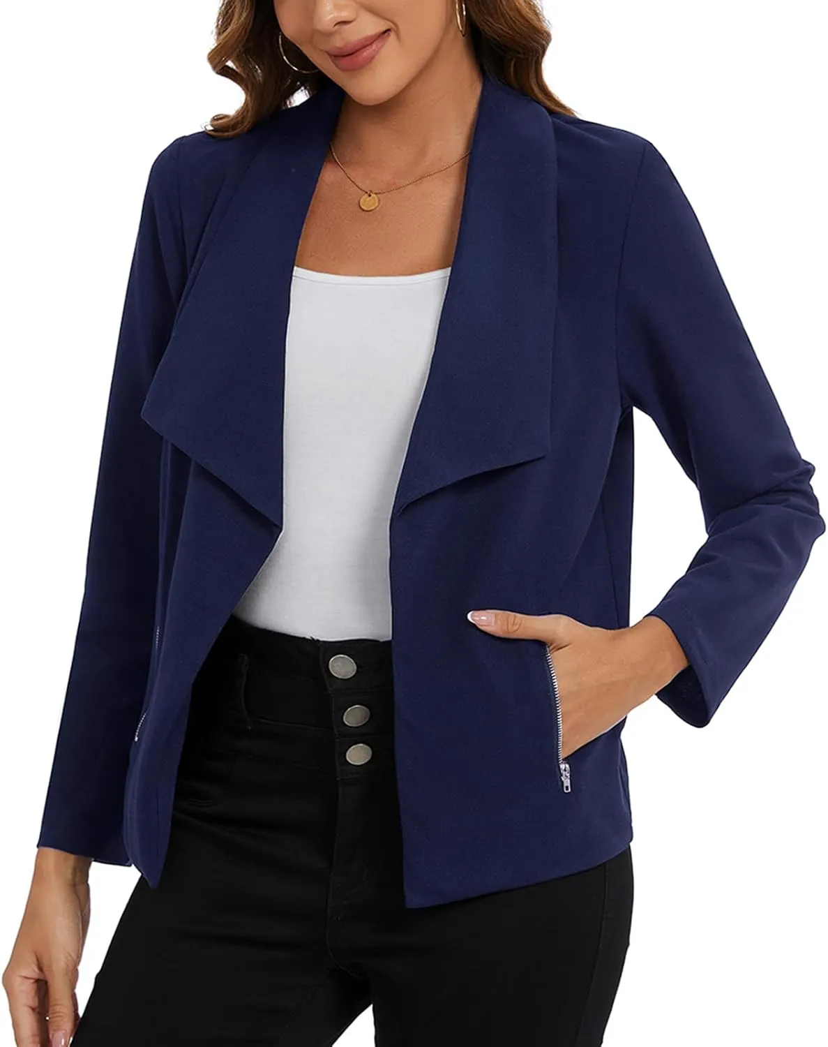 MINTLIMIT Blazer for Women Long Sleeve Open Front Blazer Draped Lightweight Casual Work Office Jacket with Zipper Pockets