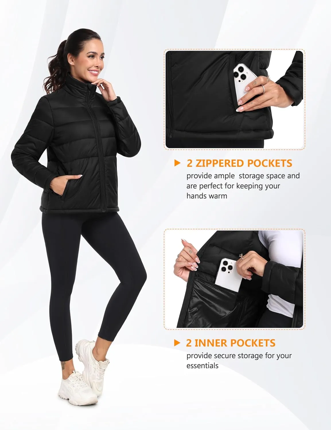 MoFiz Women's Puffer Jacket Hooded Lightweight Quilted Winter Coat Padded Warm Zip-up Insulated Puffer Running Jacket Pockets
