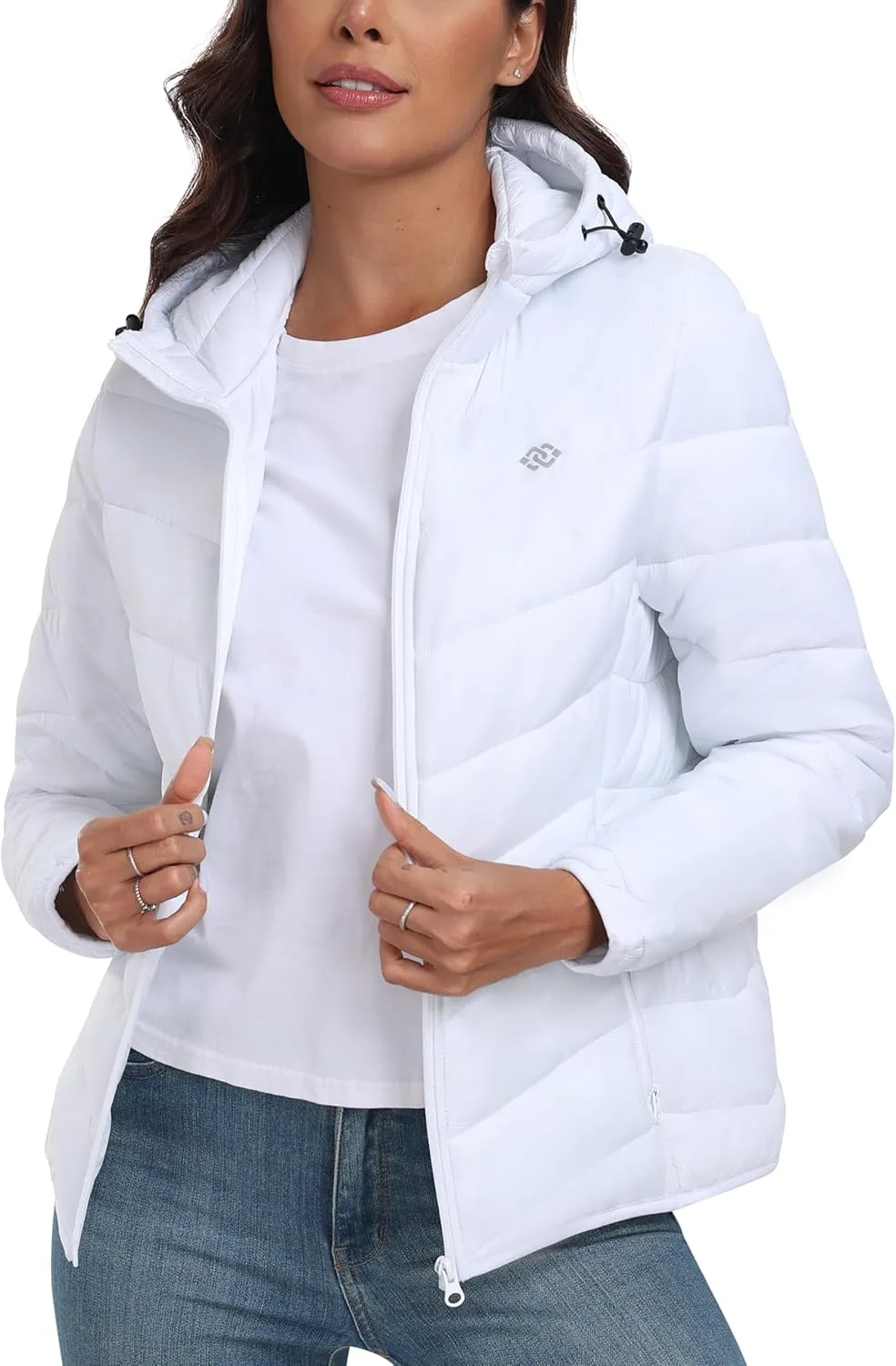 MoFiz Women's Puffer Jacket Hooded Lightweight Quilted Winter Coat Padded Warm Zip-up Insulated Puffer Running Jacket Pockets