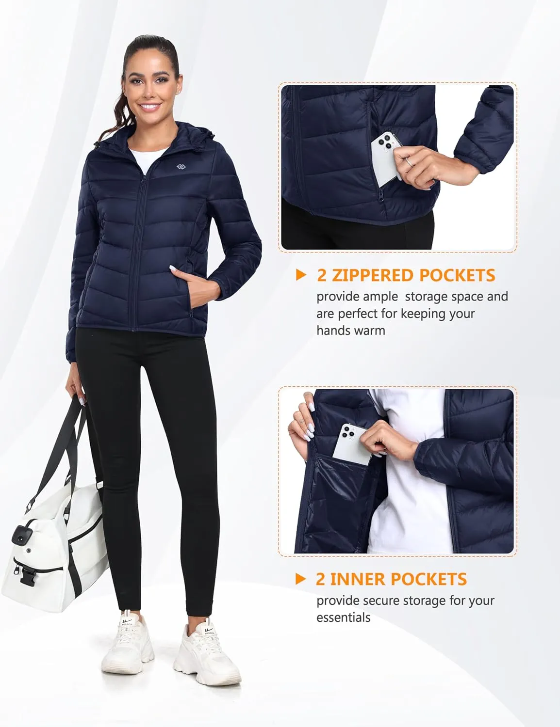 MoFiz Women's Puffer Jacket Hooded Lightweight Quilted Winter Coat Padded Warm Zip-up Insulated Puffer Running Jacket Pockets