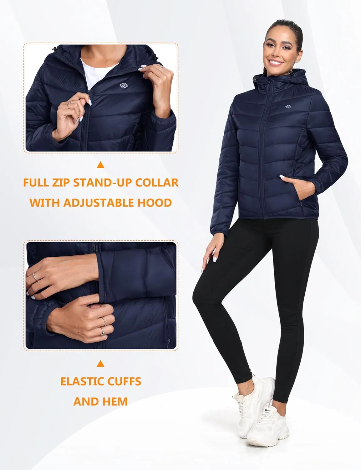 MoFiz Women's Puffer Jacket Hooded Lightweight Quilted Winter Coat Padded Warm Zip-up Insulated Puffer Running Jacket Pockets