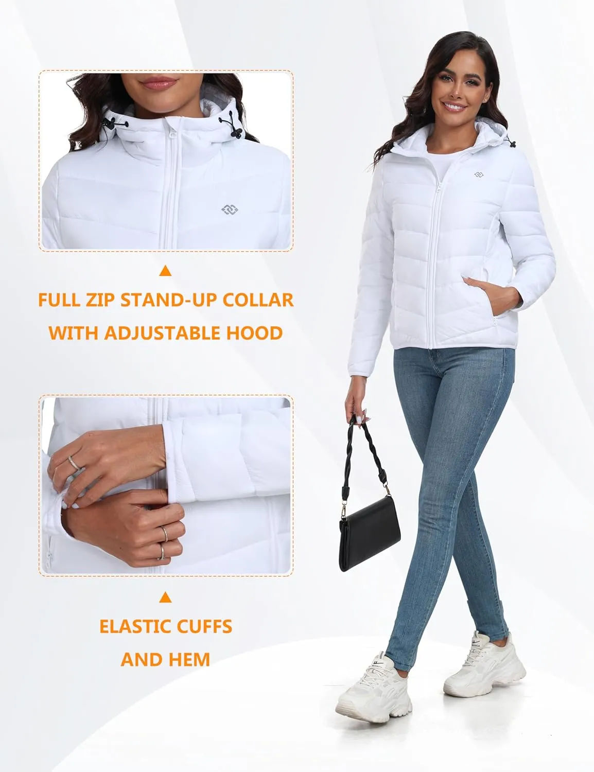 MoFiz Women's Puffer Jacket Hooded Lightweight Quilted Winter Coat Padded Warm Zip-up Insulated Puffer Running Jacket Pockets