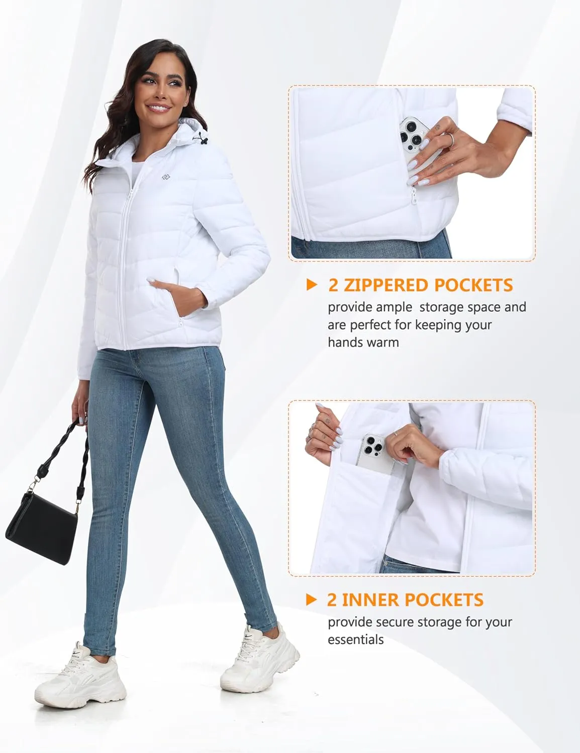 MoFiz Women's Puffer Jacket Hooded Lightweight Quilted Winter Coat Padded Warm Zip-up Insulated Puffer Running Jacket Pockets