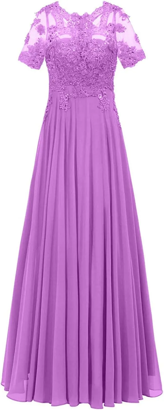 Monalia Women Lace A Line Bridesmaid Long Dress Formal Short Sleeves Chiffon Evening Prom Gown(Light Purple, US10)
