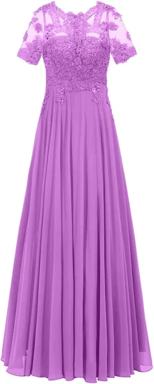 Monalia Women Lace A Line Bridesmaid Long Dress Formal Short Sleeves Chiffon Evening Prom Gown(Light Purple, US26)