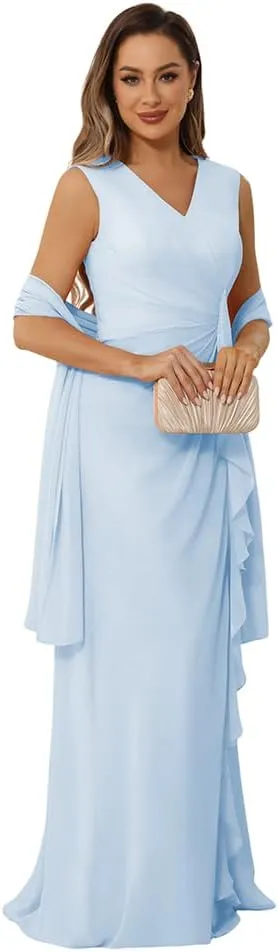 Mother of The Groom Dresses for Wedding Plus Size Chiffon Ruffle Long Mother of The Bride Dresses Wedding Party Gowns 10 Light Blue