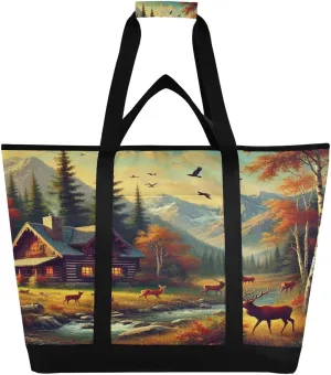 Mountain Cabin Fall Tote Bag for Women with Zipper Reusable Grocery Bags Foldable Insulated Cooler Bag Handbags Totes Shopping Bags for Groceries Beach Travel Picnic Work