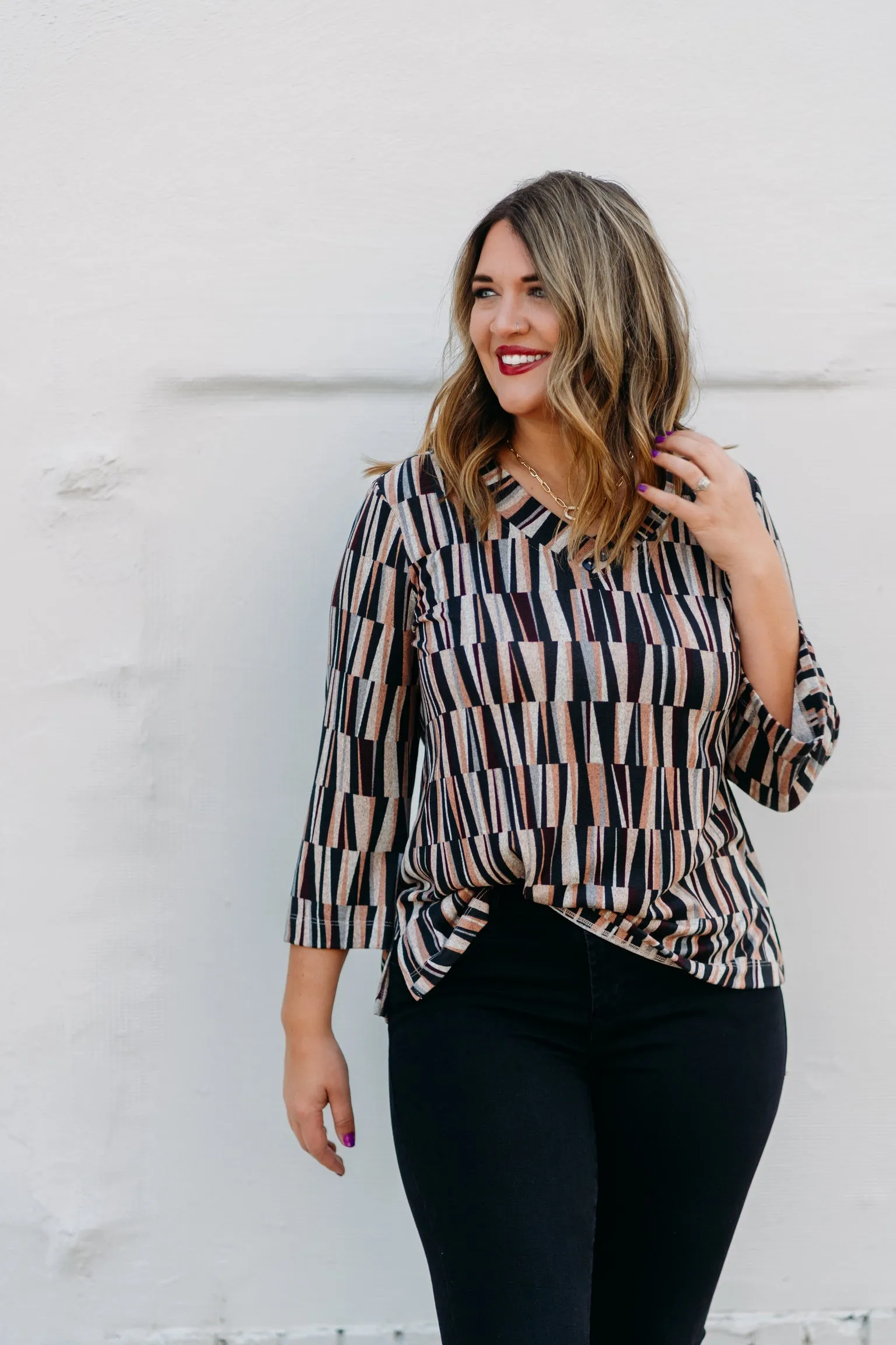 Multiples: 3/4 Flare Sleeve 2-Button V-Neck Band Print Hatchi Knit Top M44207TM - 969 Multi